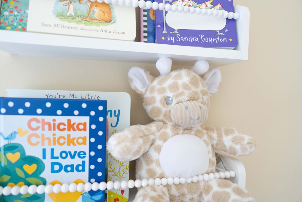 brand photography photo of a stuffed giraffe on a bookshelf.